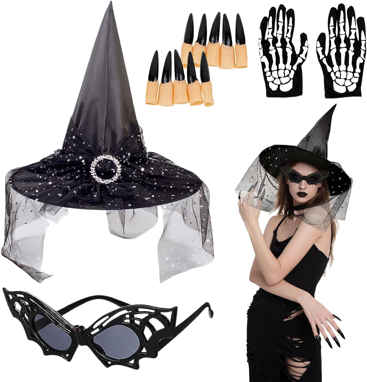 4 PCS Set di Accessori per Costume da Strega, Cappello Strega Guanti Scheletro Occhiali Halloween Unghie Finte