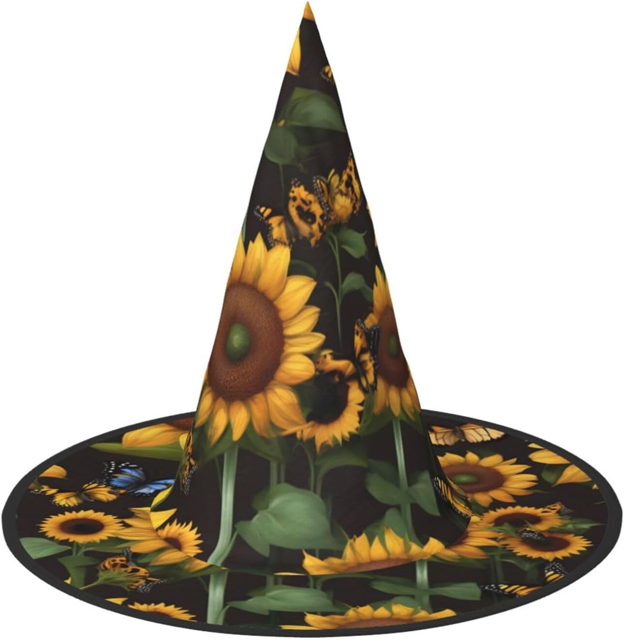 Decorazione per cappello da strega con stampa artistica con farfalle e girasole, per Halloween, cappelli versatili per Halloween, cappelli da mago pieghevoli