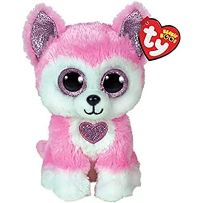 Ty – Plüschtier – Beanie Boos – Husky-Hund – Hunk – weiß und rosa – kleiner Hund mit großen Augen, Ohren und rosa Glitzerherz – die weiche Puppe mit großen funkelnden Augen – 15 cm – 36370