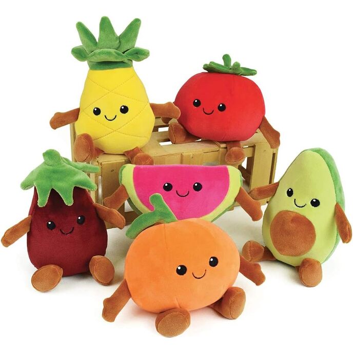 Jemini- fruity's 024144 - behållare för 6 plysch frukt och grönsaker, -17 cm, mjuk och fluffig för barn, flerfärgad, 024144
