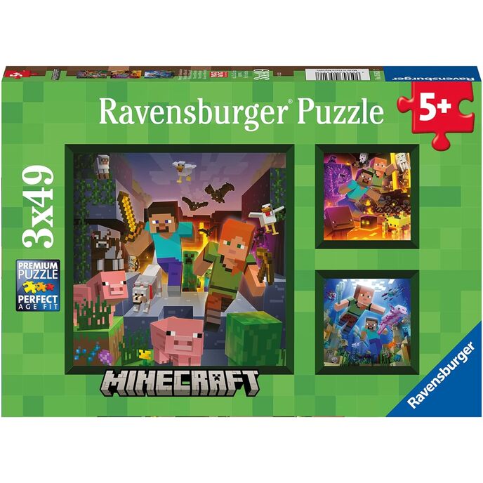 Ravensburger, minecraft, biċċiet 3x49, puzzle għat-tfal, età rakkomandata 5+, multicolor, 05621 7