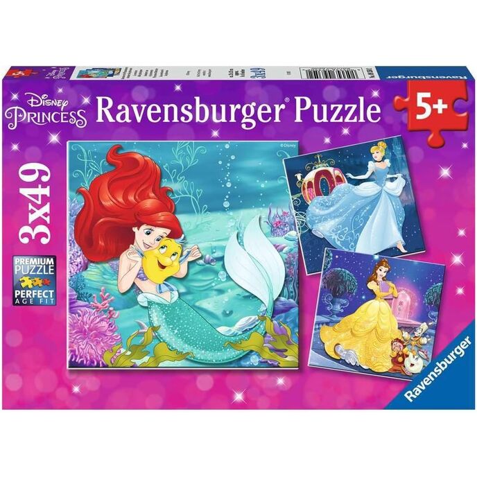 Puzzle Ravensburger, dobrodružství princezen Disney, puzzle 3 x 49 dílků, puzzle pro děti, puzzle princezny Disney, doporučený věk 5+ let