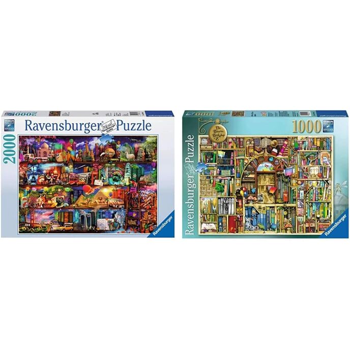 Ravensburger puzzel 2000 stukjes, wonderbaarlijke boekenwereld, fantasiecollectie, puzzel voor volwassenen & puzzel 1000 stukjes, de bizarre colin thompson bibliotheek, puzzel voor volwassenen + puzzel 1000 stukjes