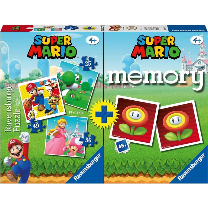 Ravensburger - super mario multipack, memory® 48 карти + 3 детски пъзела от 25/36/49 части, 4+ години
