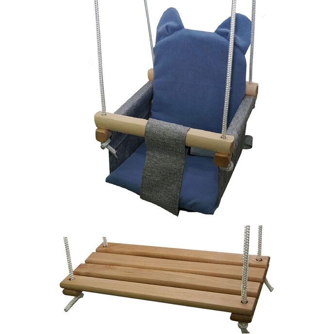 Dondolo in legno per bambini, altalena per bambini, in tessuto, da appendere, cintura di sicurezza 2 in 1, per bambini, giardino, interni ed esterni (grigio e blu)