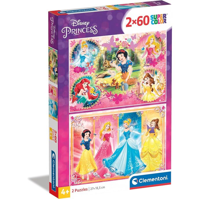 Clementoni- puzzle principesas disney 2x60pz principessa supercolor principessa-2x60 (include 2 60 pezzi) bambini 5 anni, cartoni animati-made in Italy, multicolore, taglia unica, 07133