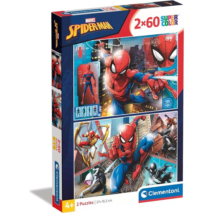 Clementoni Spider-Man Spiderman Supercolor Marvel Spiderman-2x60 (enthält 2 60 Teile) Kinder ab 5 Jahren, Cartoons, Superhelden-Puzzles, hergestellt in Italien, mehrfarbig, 21608