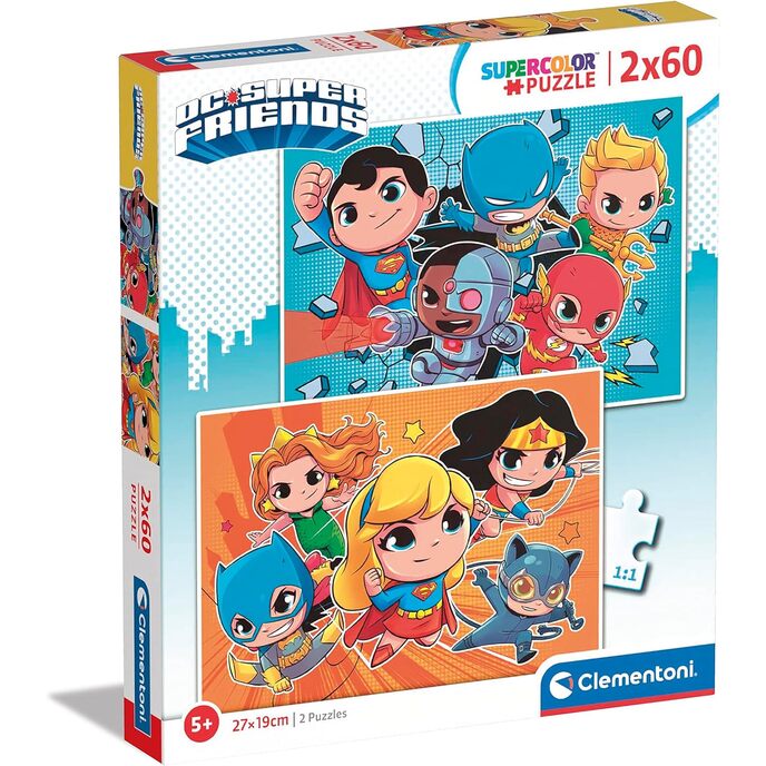 Clementoni- dc comics superfriends supercolor super friends-2x60 (obsahuje 2 60 dielikov) deti 5 rokov, kreslené puzzle-vyrobené v Taliansku, viacfarebné, 21624
