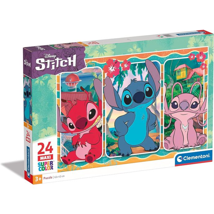 Clementoni- disney stitch supercolor stitch-24 maxi gabali bērniem no 3 gadiem, multeņu puzles-ražotas Itālijā, daudzvalodu krāsa, 24029.6