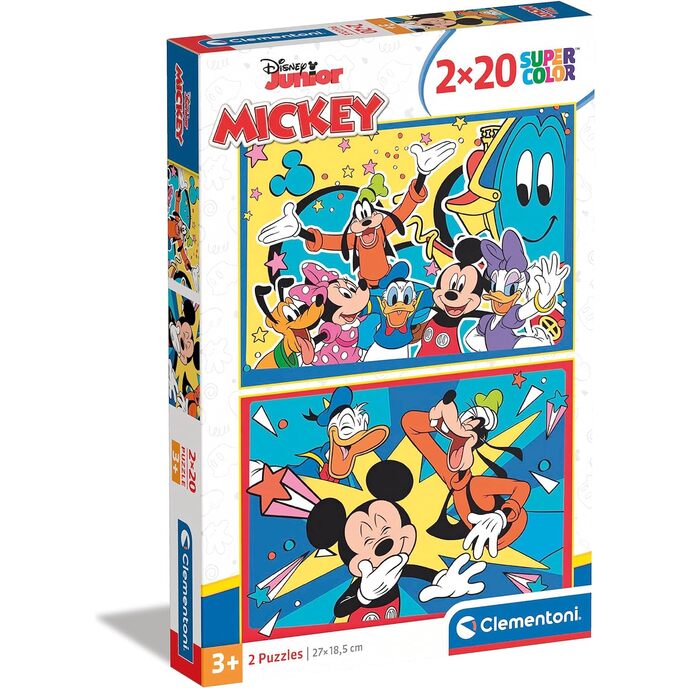 Clementoni – Puzzle Mickey Disney 2x20 Stück Supercolor Mickey-2x20 (enthält 2 20 Teile) – hergestellt in Italien für Kinder ab 3 Jahren, Mickey Mouse, Cartoons, mehrfarbig, mittel, 24791