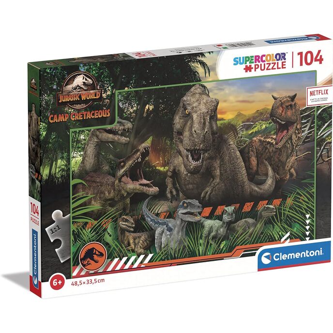 Clementoni Park Supercolor Jurassic World Camp Crétacé, série Netflix 104 pièces - fabriqué en Italie, enfants 6 ans, puzzle de dessin animé, multicolore, 27545