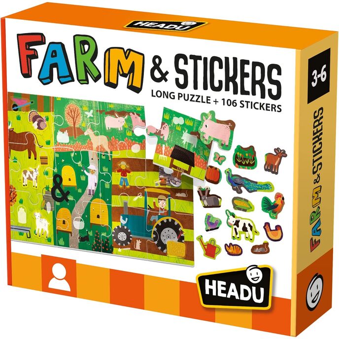 Headu puzzle + uzlīmes uz saimniecības garu mīklu, ko pabeigt ar uzlīmēm mu24926 izglītojoša spēle bērniem vecumā no 3 līdz 6 gadiem, ražota Itālijā