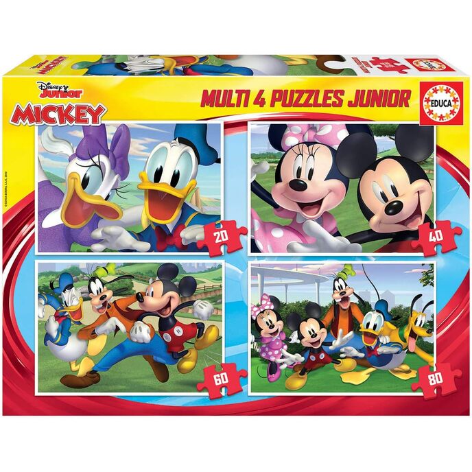 Educa- multi 4 puzzles júnior mickey & friends puzzle para crianças mickey e seus amigos com 20, 40, 60 e 80 peças, a partir de 5 anos, cores sortidas, 18627 mickey friends