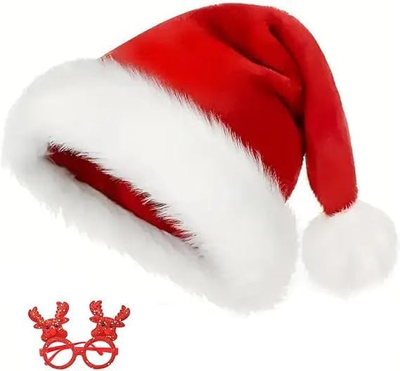 Confezione da 2 Cappelli da Babbo Natale per Adulti, Occhiali da Cervo Rosso, Cappello Natalizio Unisex Doppio Strato di Velluto Spesso Comodo per Feste, Foto di Famiglia, Natale