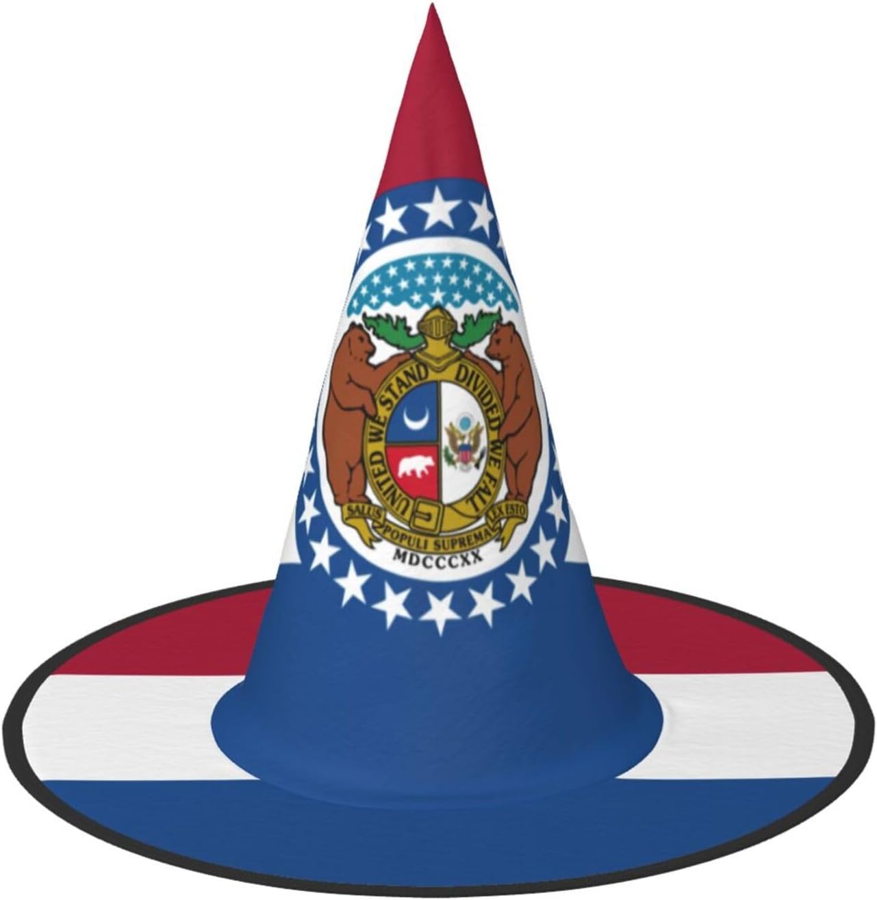 Missouri State Flag Print Witch Hat Decor per Halloween, cappelli di Halloween versatili, cappelli da mago pieghevoli alla rinfusa