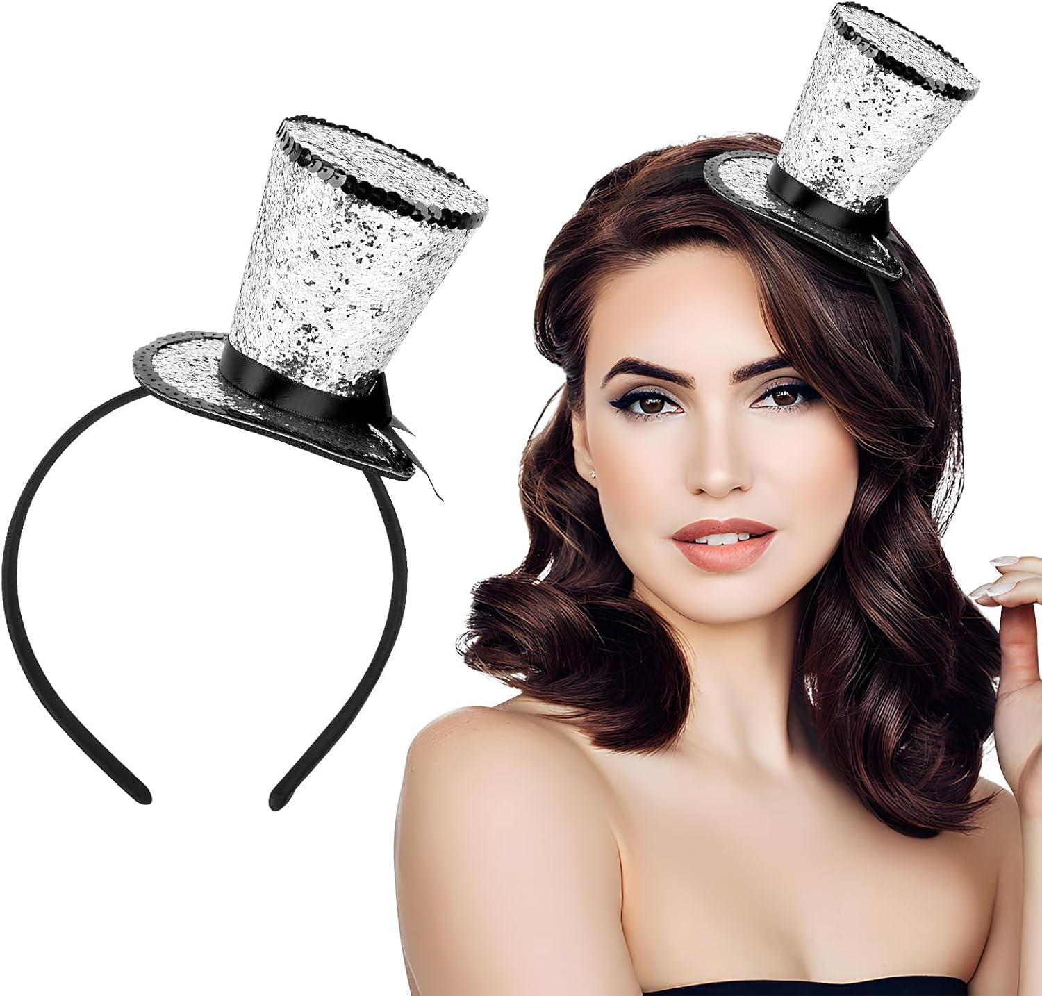 Fascia per capelli con cappello Mini cappello a cilindro Cappello glitter argento Fascia per capelli Accessori per costume per Carnevale Cosplay Capodanno