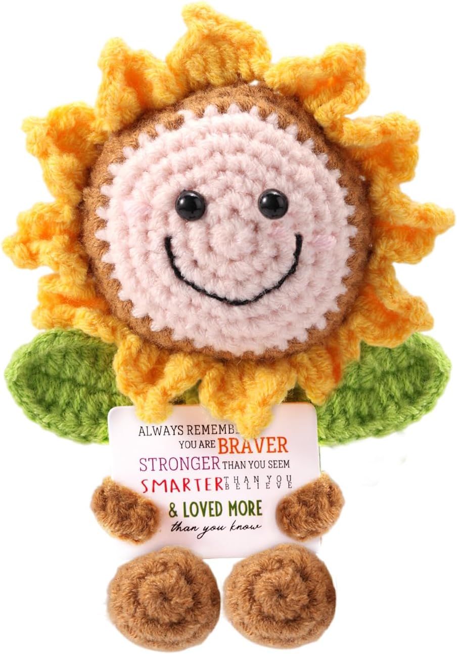 TOYMIS Girasole positivo, Grazie per avermi aiutato a coltivare un girasole fatto a mano all'uncinetto con un biglietto di incoraggiamento. Divertente bambola ispiratrice positiva per la decorazione dell'auto domestica